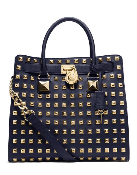 michael kors hamilton studded tote navy|michael kors large satchel handbag.